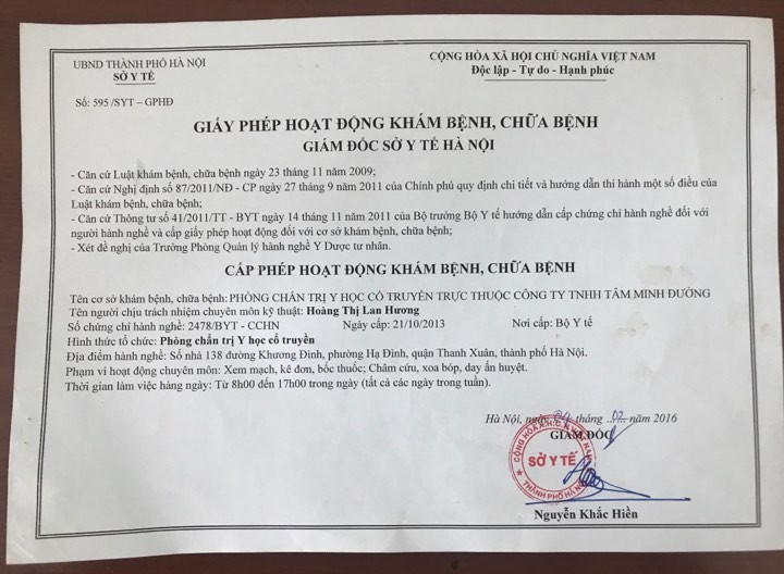 Giấy phép hoạt động của Nhà Thuốc Tâm Minh Đường Trực thuộc công ty TNHH Tâm Minh Đường